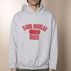 David Douglas Track Hoodie Sweatshirt L Gray Red Gildan Ultra Blend